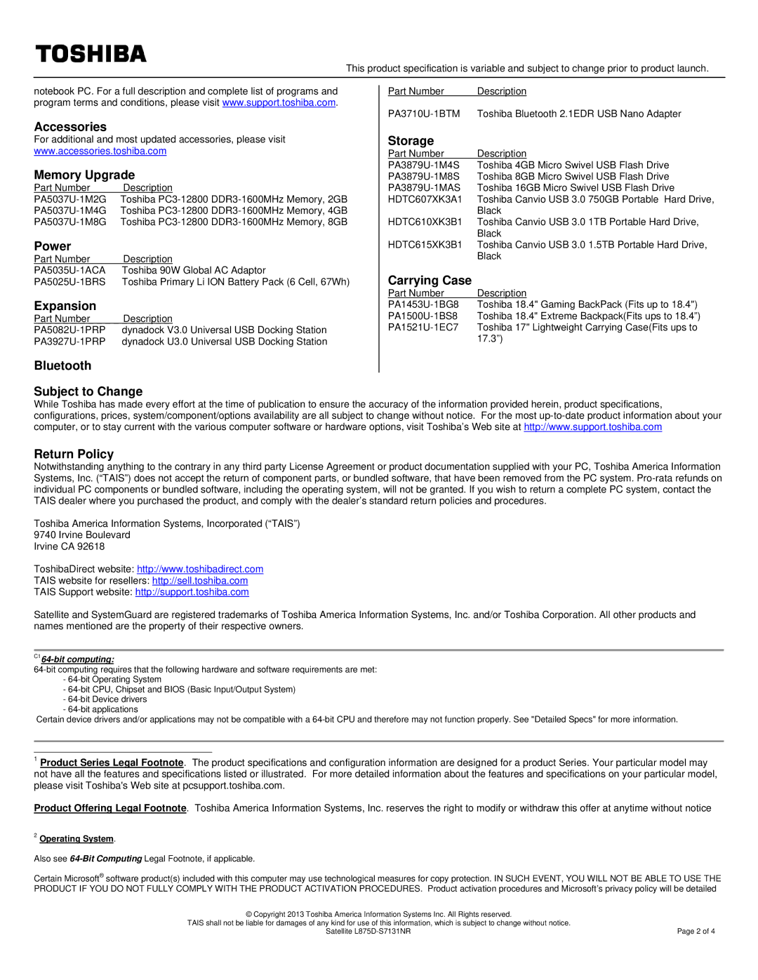 Toshiba PSKFQU-00G008 warranty Accessories Memory Upgrade, Expansion, Bluetooth Subject to Change, Storage, Carrying Case 