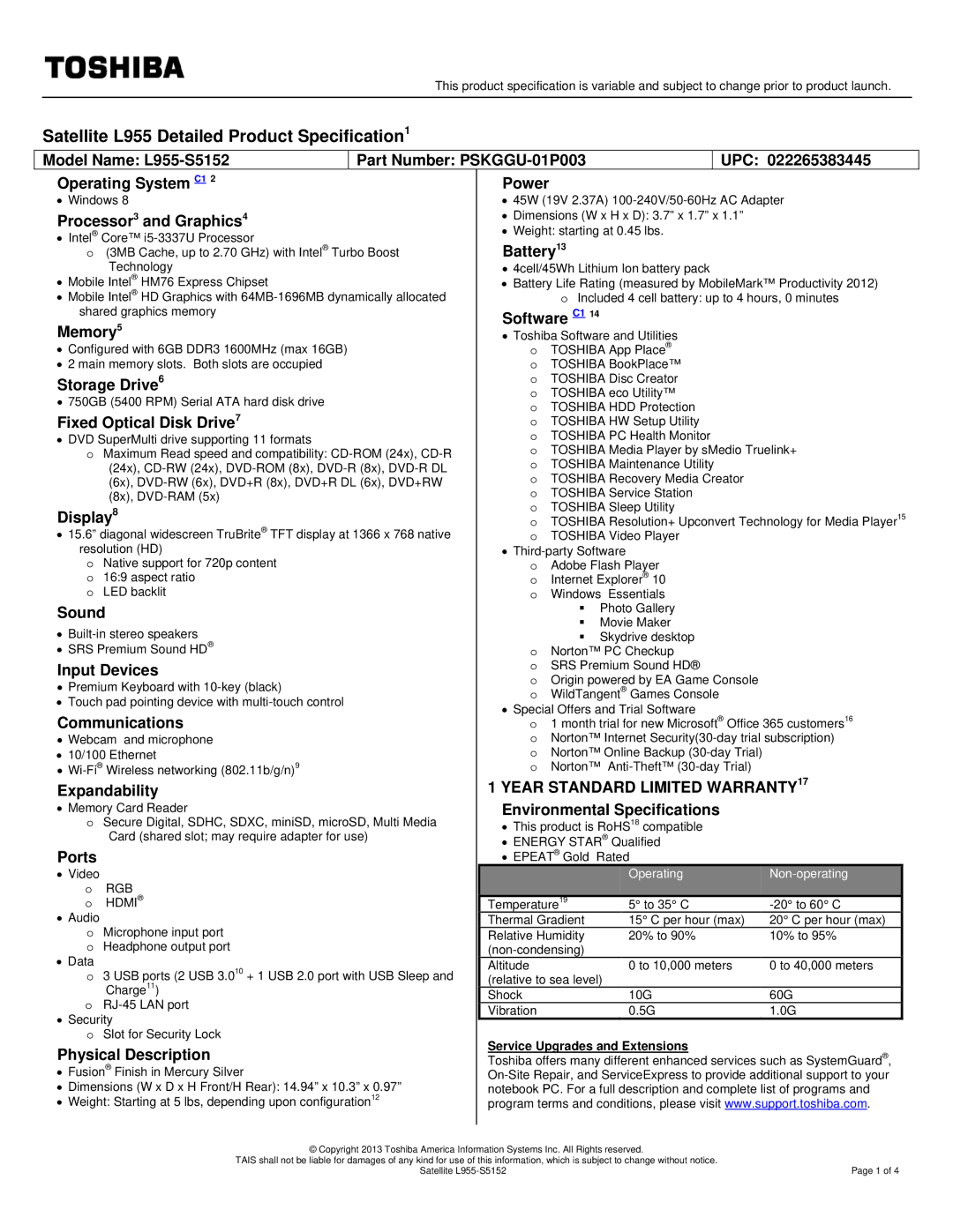 Toshiba PSKGGU01P003 warranty Processor3 and Graphics4, Battery13, Software C1 Memory5, Storage Drive6, Display, Sound 