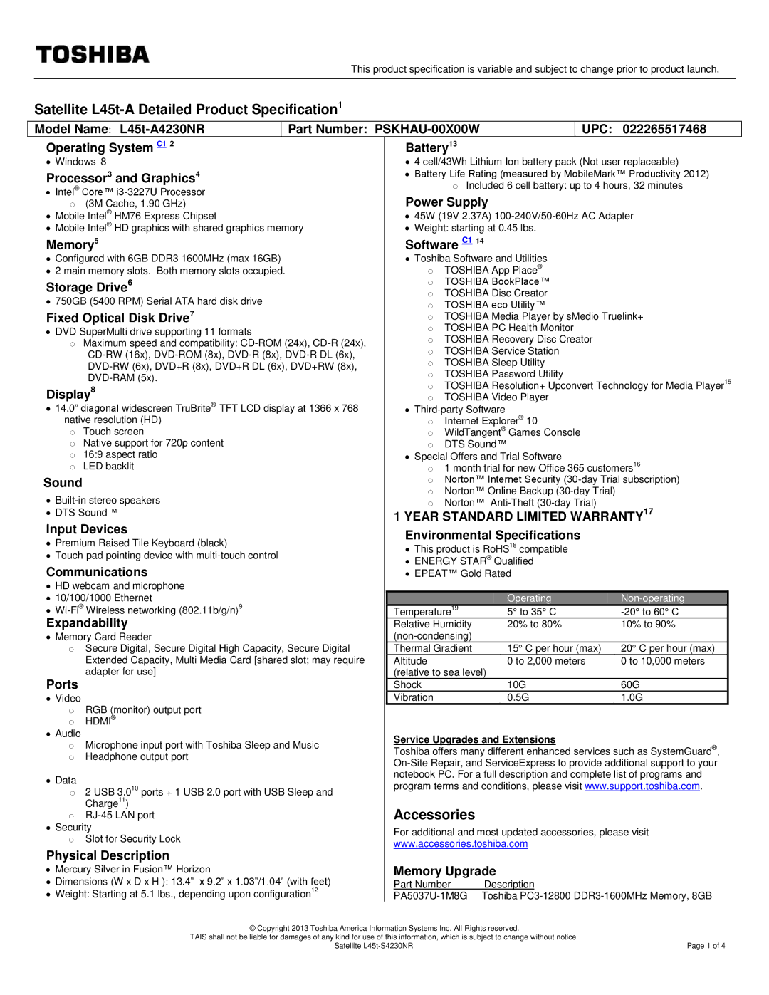 Toshiba PSKHAU00X00W warranty Processor3 and Graphics4, Power Supply, Memory5 Software C1, Storage Drive6, Display8, Sound 