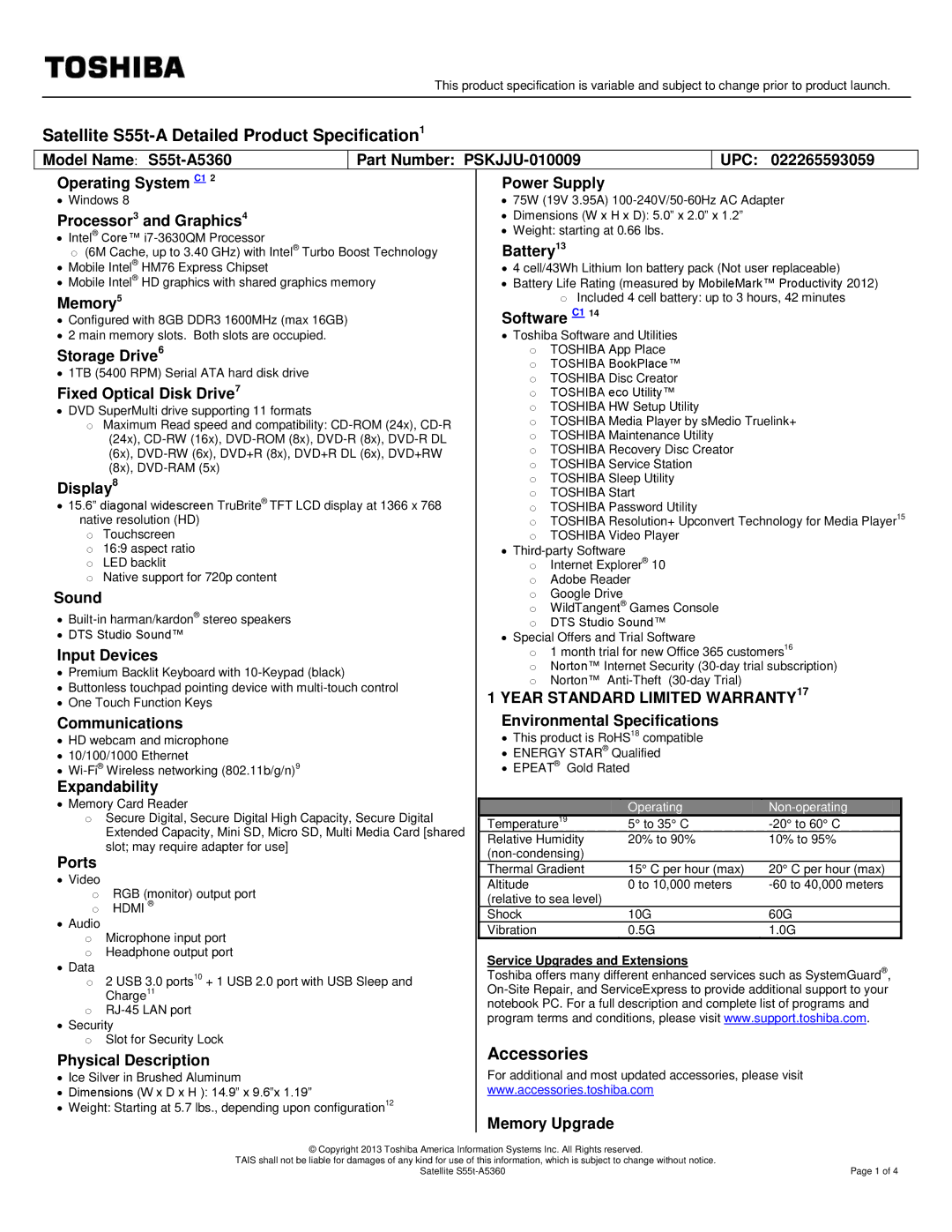 Toshiba PSKJJU010009 warranty Model Name S55t-A5360 Part Number PSKJJU-010009, Operating System C1 Power Supply, Battery13 
