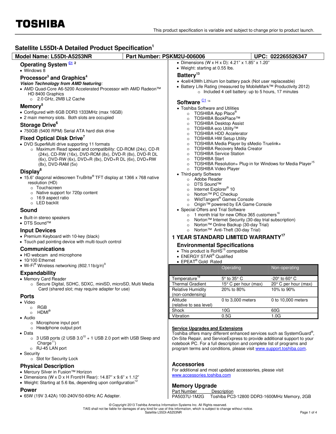 Toshiba PSKM2U006006 warranty Battery13 Processor3 and Graphics4, Software C1 Memory5, Storage Drive6, Display, Sound 