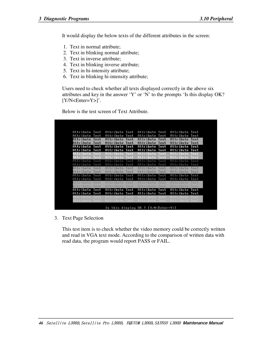 Toshiba PSLCAX/PSLCBX manual 46       , BelowisthetestscreenofTextAttribute TextPageSelection 