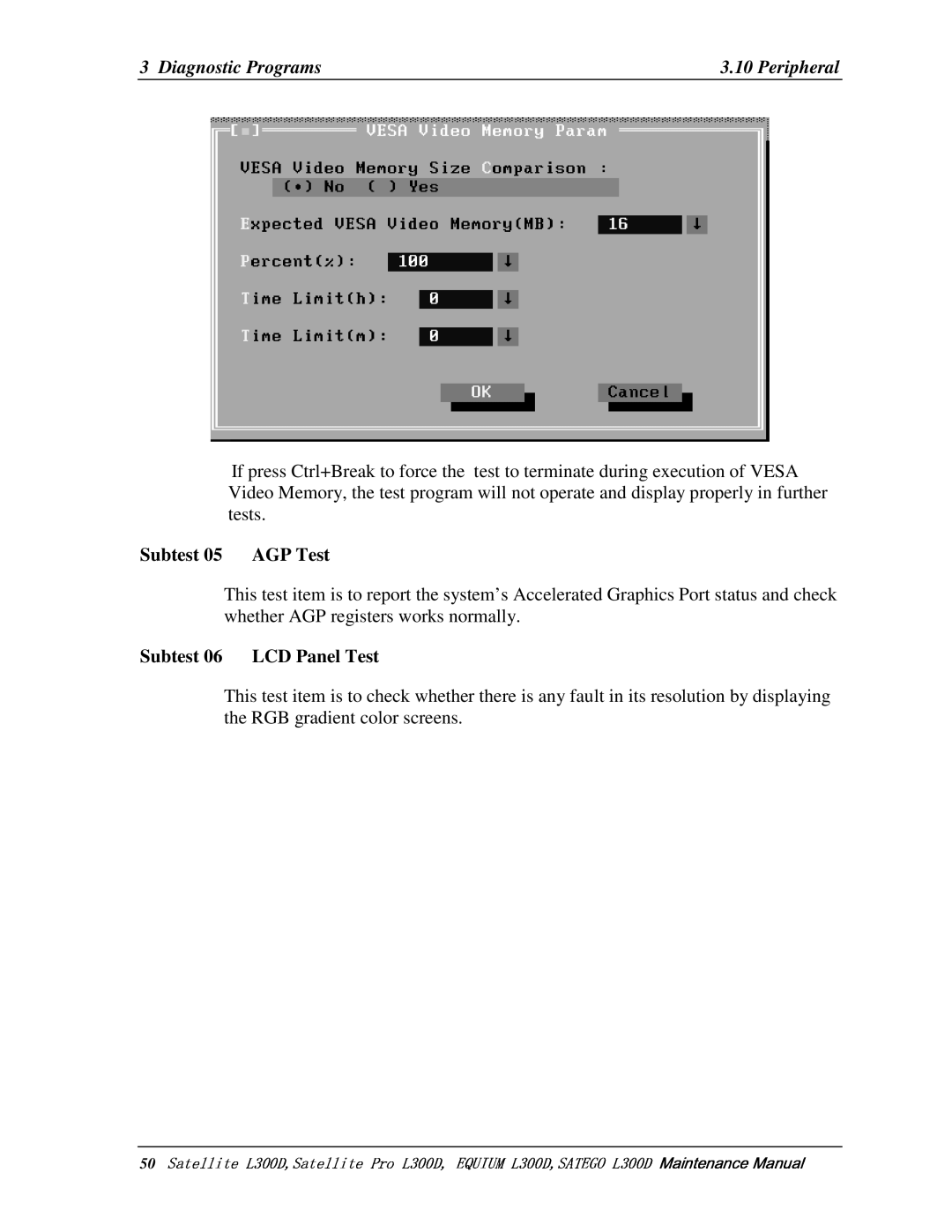 Toshiba SATEGO L300D, PSLCAX/PSLCBX manual 50       , Subtest05 AGPTest, Subtest06 LCDPanelTest 