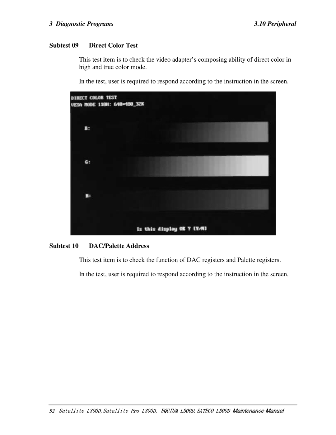 Toshiba PSLCAX/PSLCBX manual 52       , Subtest09 DirectColorTest, Subtest10 DAC/PaletteAddress 