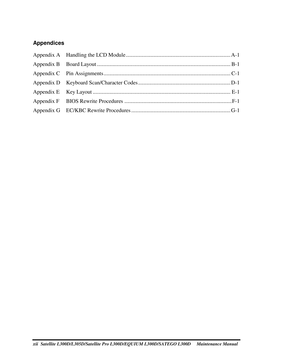 Toshiba PSLCAX/PSLCBX, SATEGO L300D manual AppendixA, AppendixB, AppendixC, AppendixD, AppendixE, AppendixF, AppendixG 