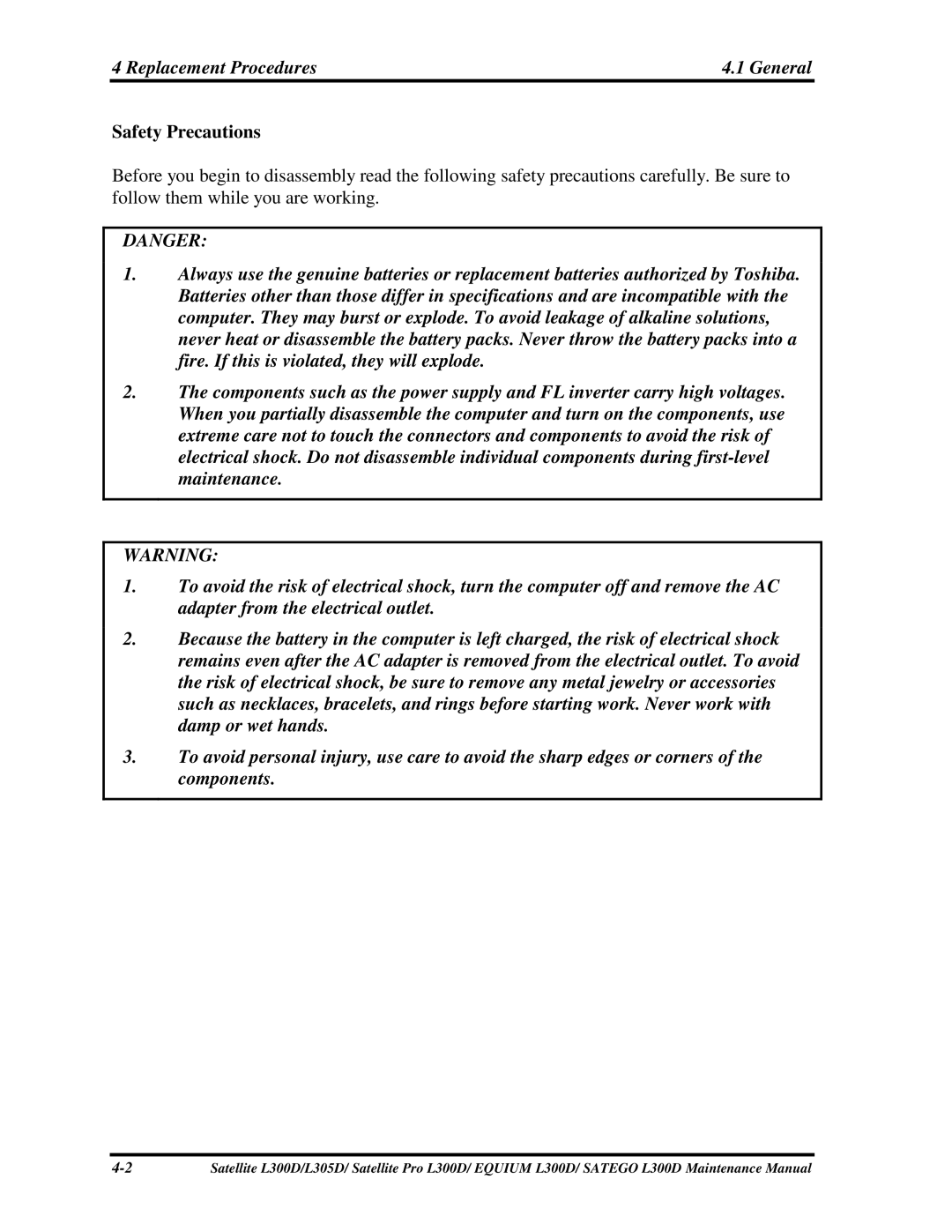 Toshiba EQUIUM L300D, PSLCAX/PSLCBX, SATEGO L300D manual 4ReplacementProcedures, SafetyPrecautions 