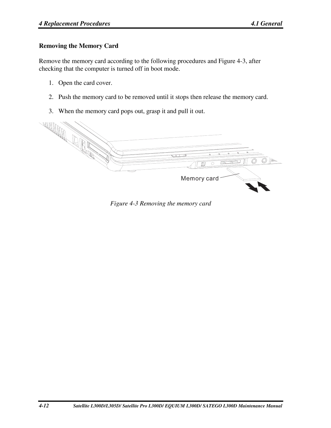 Toshiba PSLCAX/PSLCBX, SATEGO L300D, EQUIUM L300D manual Replacement Procedures, RemovingtheMemoryCard 