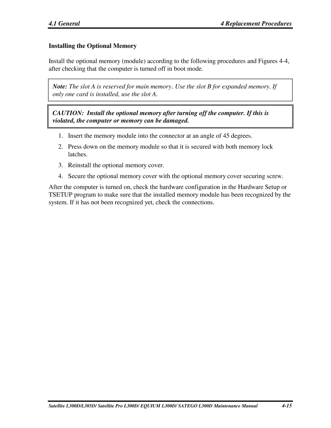 Toshiba PSLCAX/PSLCBX, SATEGO L300D InstallingtheOptionalMemory, Insertthememorymoduleintotheconnectoratanangleof45degrees 