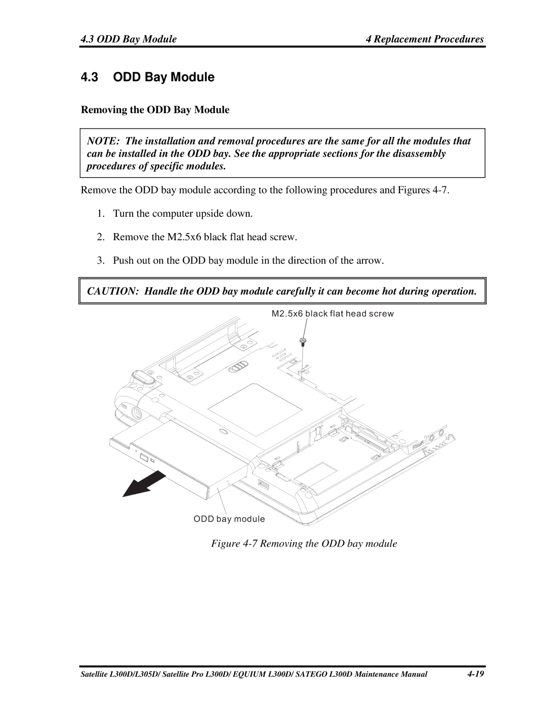 Toshiba SATEGO L300D, PSLCAX/PSLCBX, EQUIUM L300D manual 3ODDBayModule, RemovingtheODDBayModule 