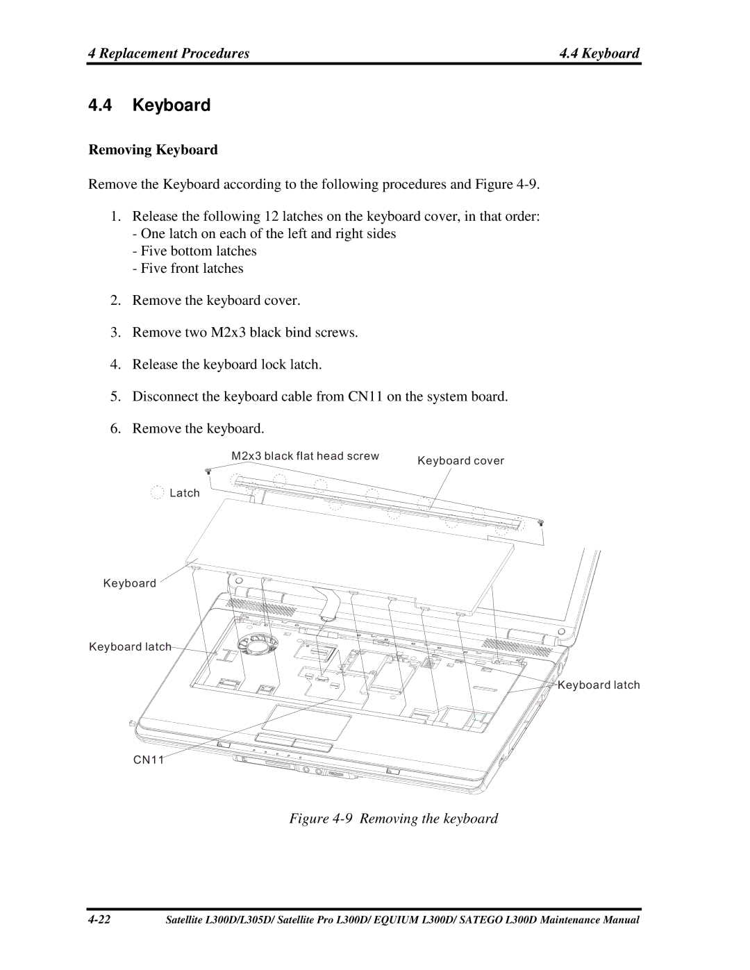 Toshiba SATEGO L300D, PSLCAX/PSLCBX, EQUIUM L300D manual RemovingKeyboard, 9Removingthekeyboard 