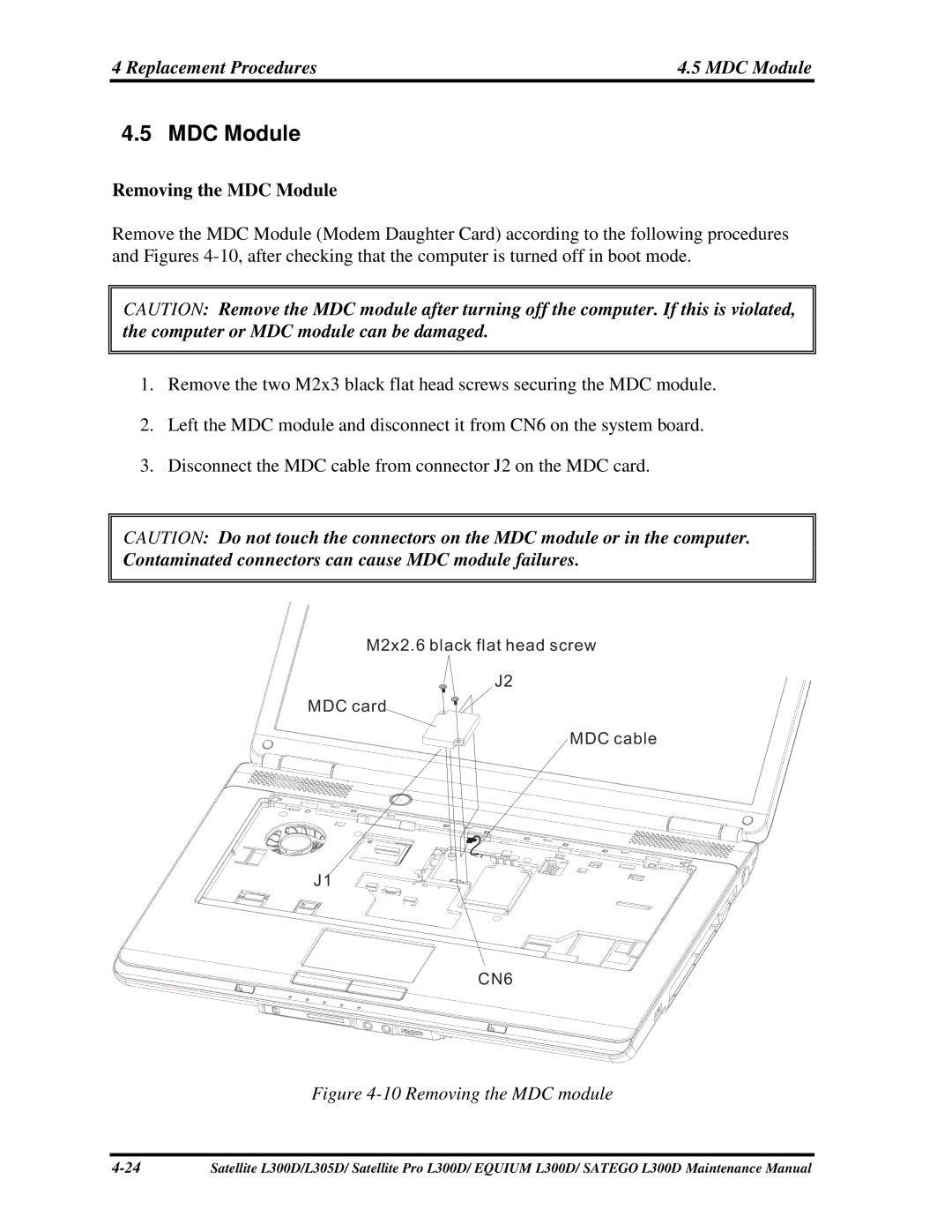 Toshiba PSLCAX/PSLCBX, SATEGO L300D, EQUIUM L300D RemovingtheMDCModule, ContaminatedconnectorscancauseMDCmodulefailures 