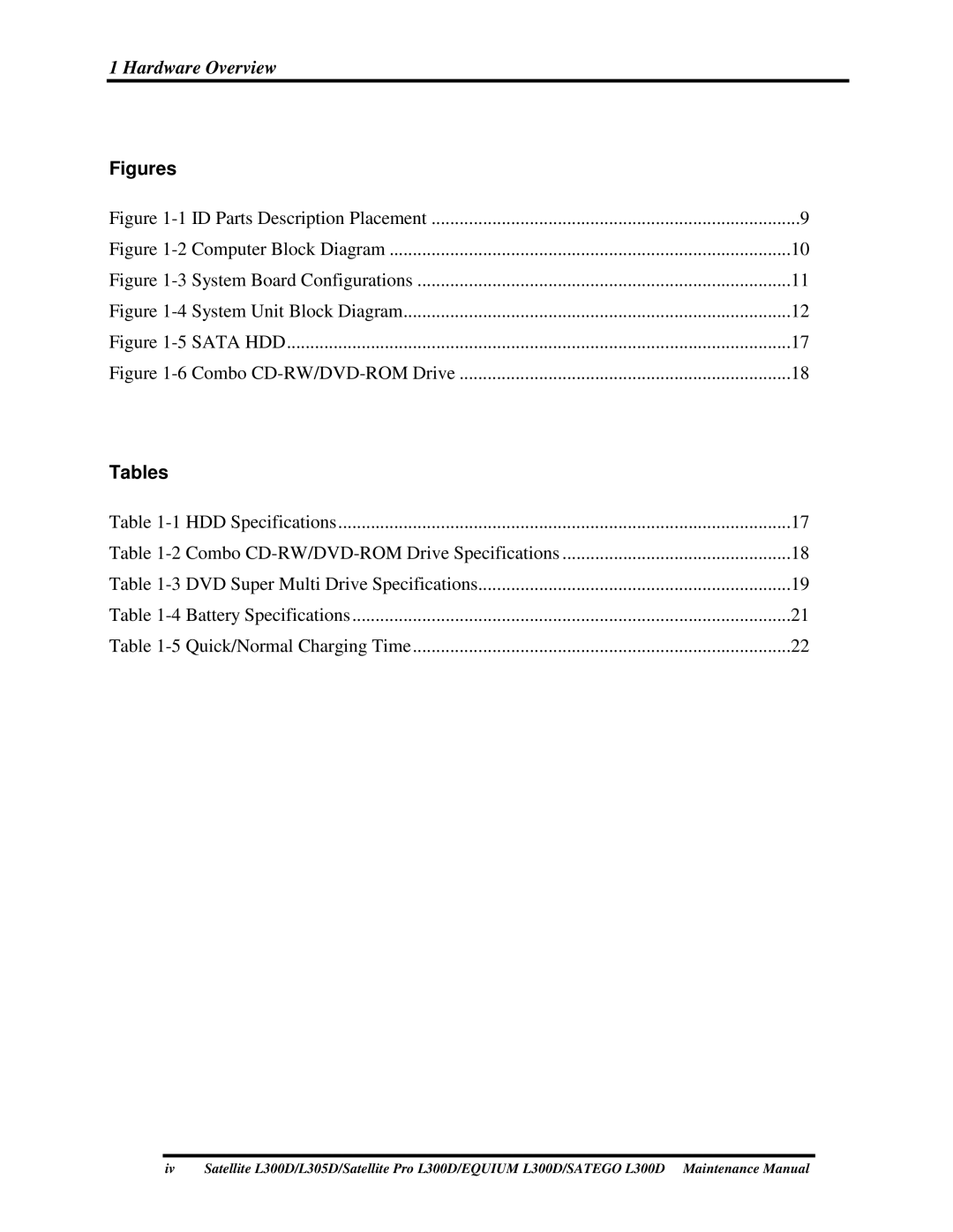 Toshiba SATEGO L300D, PSLCAX/PSLCBX, EQUIUM L300D manual Figures, Tables 