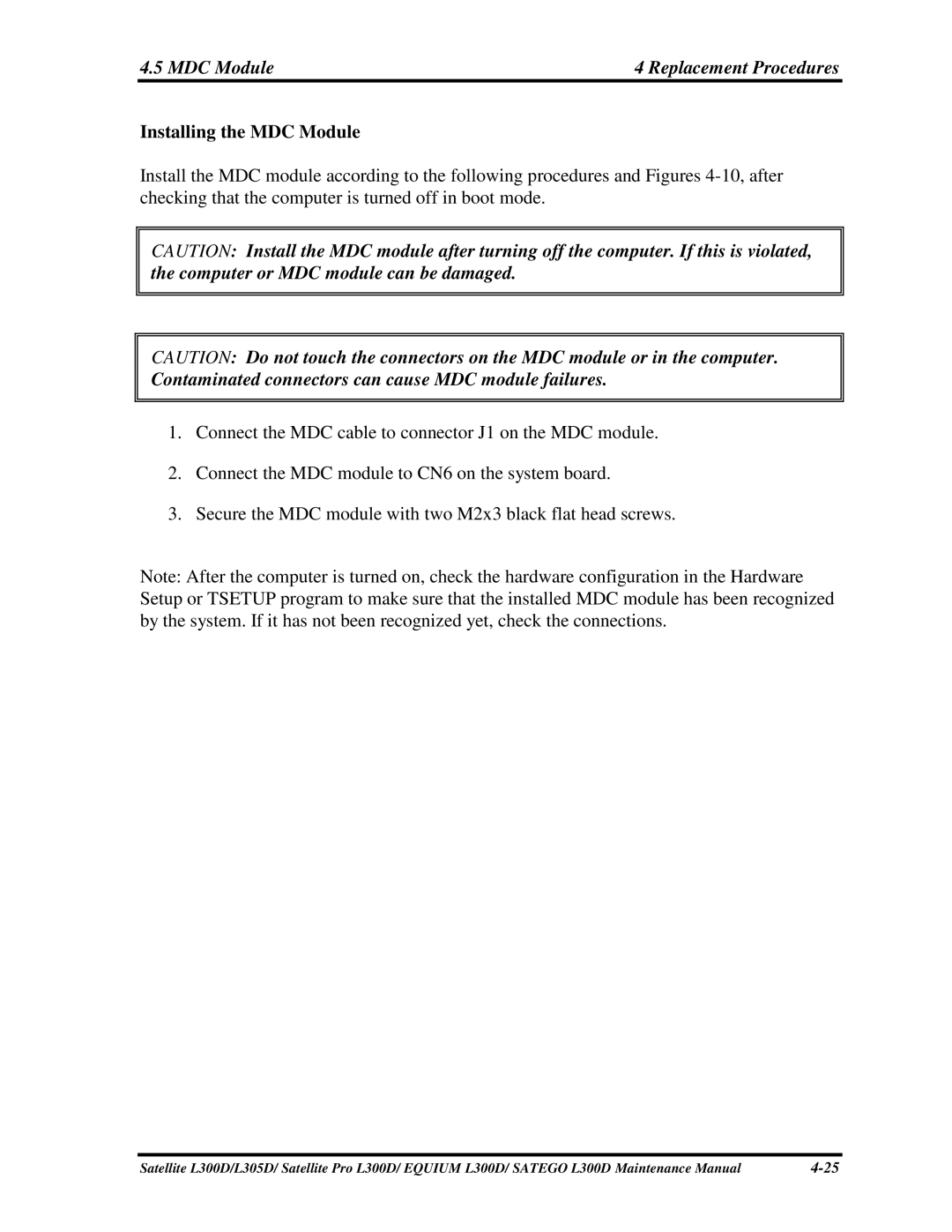 Toshiba SATEGO L300D, PSLCAX/PSLCBX, EQUIUM L300D manual 5MDCModule, InstallingtheMDCModule 