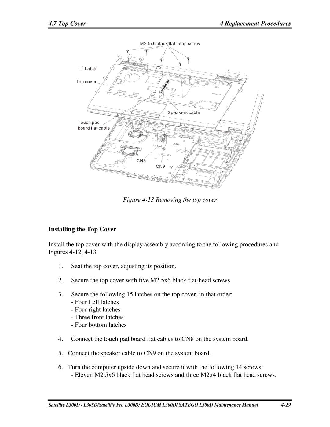 Toshiba EQUIUM L300D, PSLCAX/PSLCBX, SATEGO L300D manual 7TopCover, InstallingtheTopCover 