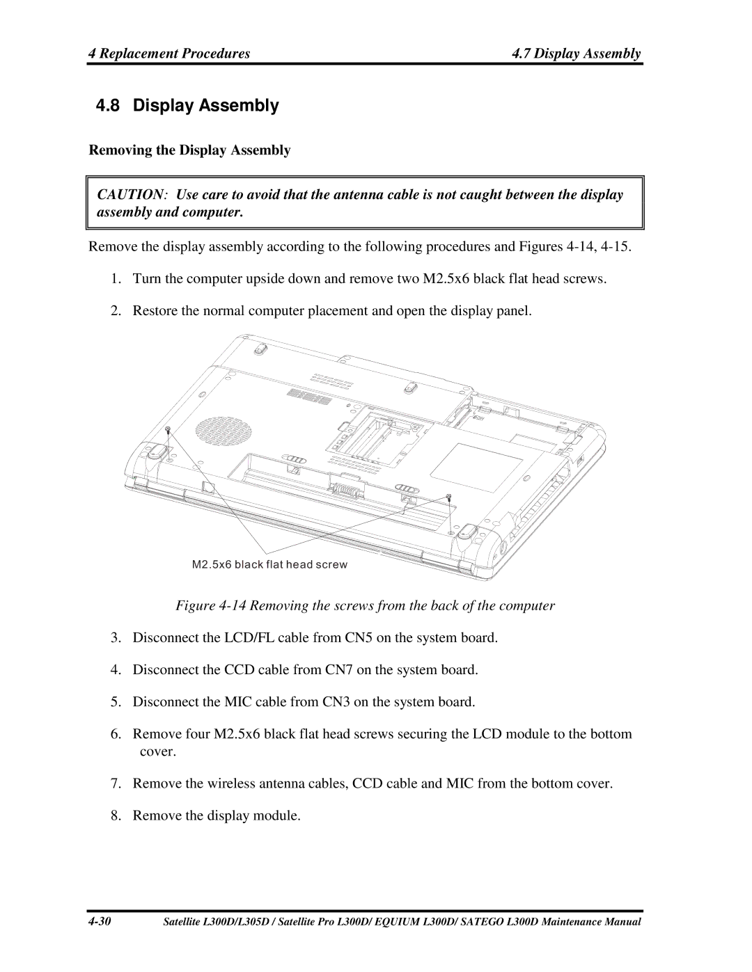 Toshiba PSLCAX/PSLCBX, SATEGO L300D, EQUIUM L300D manual RemovingtheDisplayAssembly 