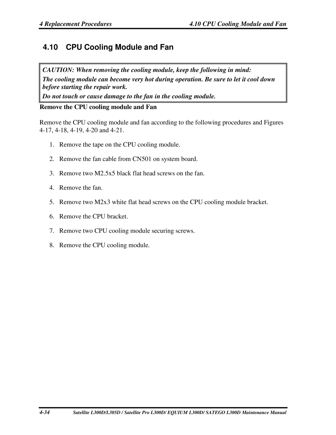 Toshiba SATEGO L300D, PSLCAX/PSLCBX manual 10CPUCoolingModuleandFan, Donottouchorcausedamagetothefaninthecoolingmodule 