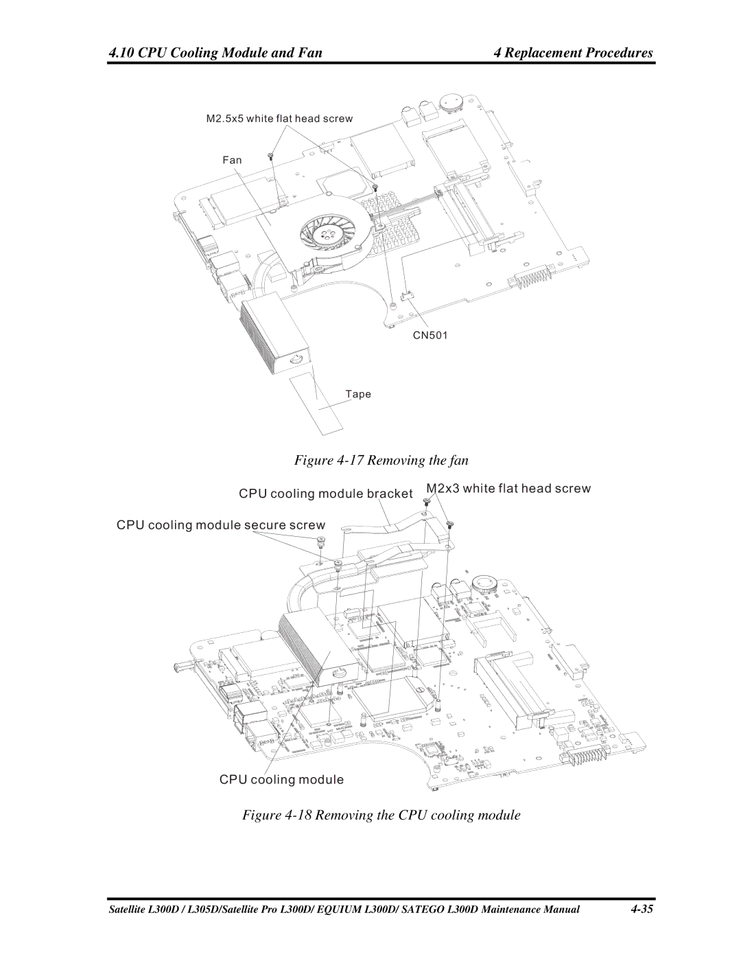 Toshiba EQUIUM L300D, PSLCAX/PSLCBX, SATEGO L300D manual CPU Cooling Module and Fan, Replacement Procedures 
