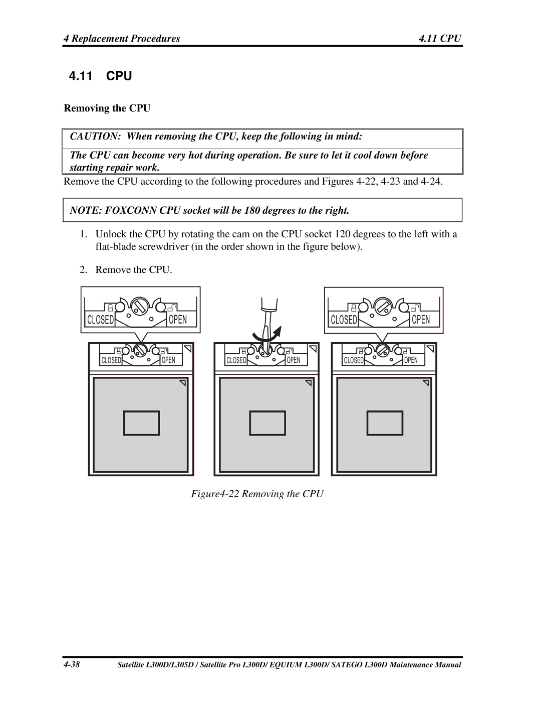 Toshiba EQUIUM L300D, PSLCAX/PSLCBX, SATEGO L300D manual 11CPU, RemovingtheCPU, RemovetheCPU 
