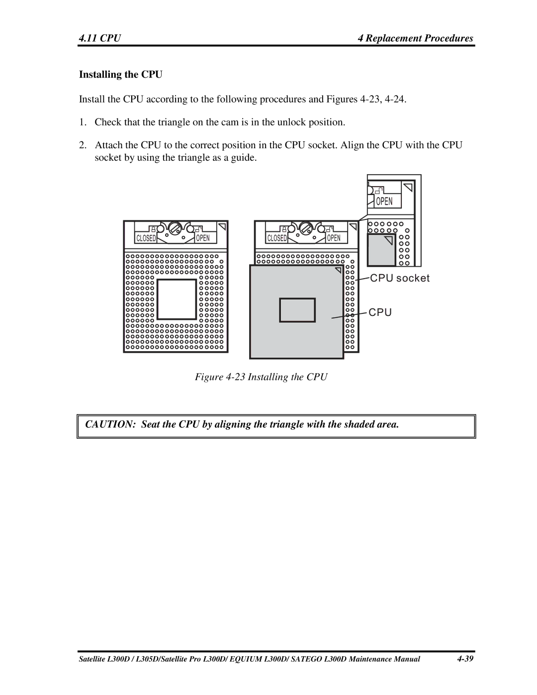 Toshiba PSLCAX/PSLCBX, SATEGO L300D, EQUIUM L300D manual 11CPU, InstallingtheCPU 