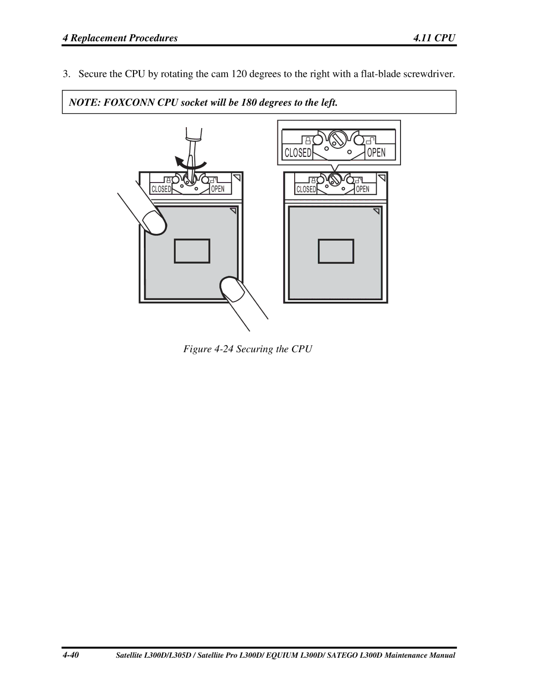 Toshiba SATEGO L300D, PSLCAX/PSLCBX, EQUIUM L300D manual 24SecuringtheCPU 