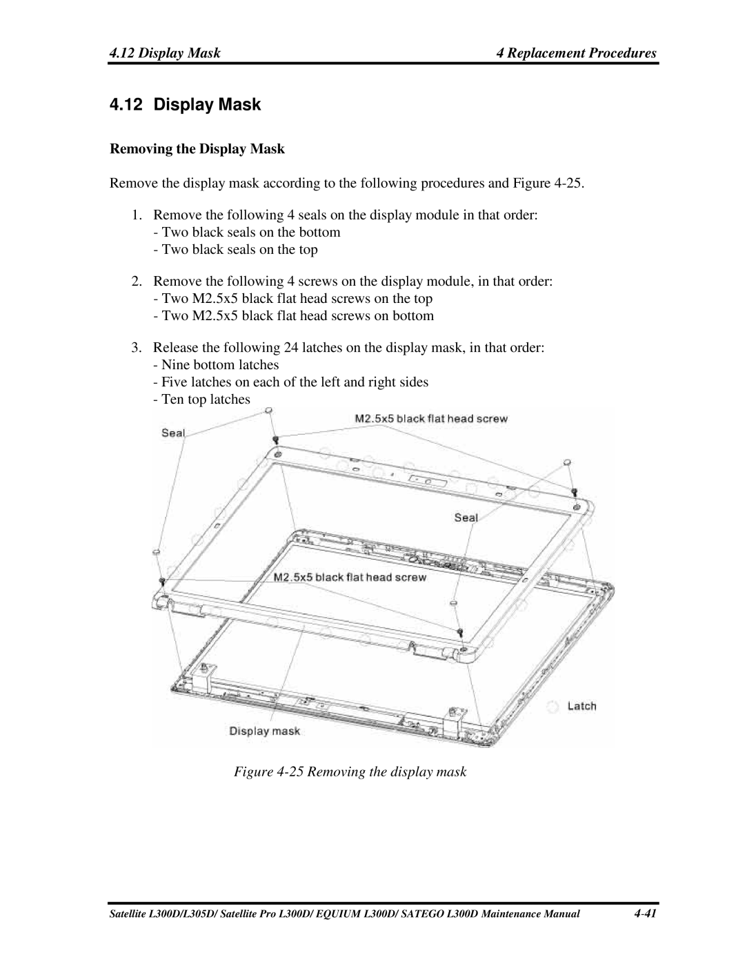 Toshiba EQUIUM L300D, PSLCAX/PSLCBX, SATEGO L300D manual Display Mask, RemovingtheDisplayMask 