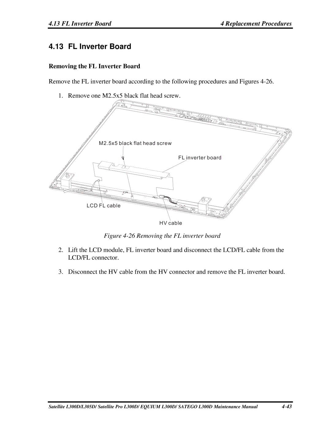 Toshiba SATEGO L300D, PSLCAX/PSLCBX, EQUIUM L300D manual FL Inverter Board, RemovingtheFLInverterBoard 