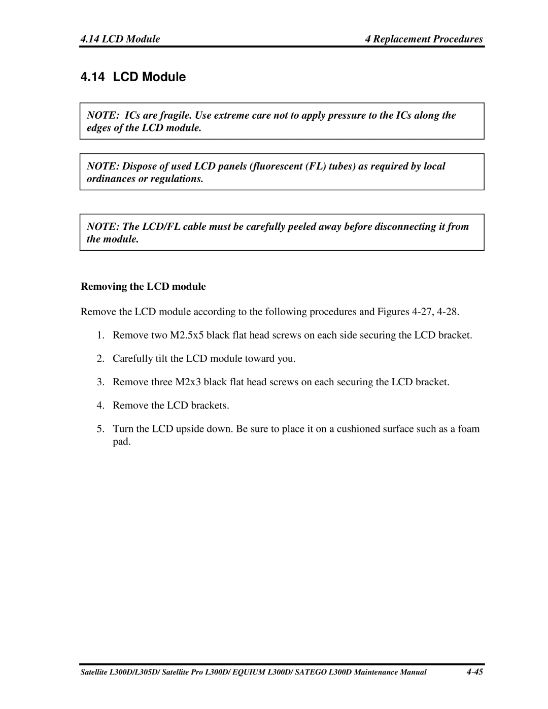 Toshiba PSLCAX/PSLCBX, SATEGO L300D, EQUIUM L300D manual 14LCDModule, RemovingtheLCDmodule 