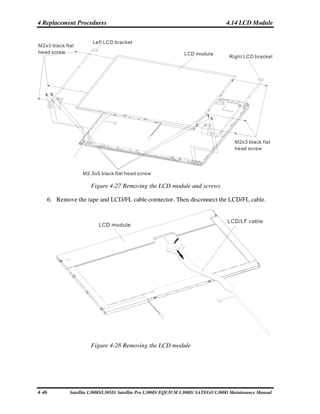 Toshiba SATEGO L300D, PSLCAX/PSLCBX, EQUIUM L300D manual 27RemovingtheLCDmoduleandscrews 