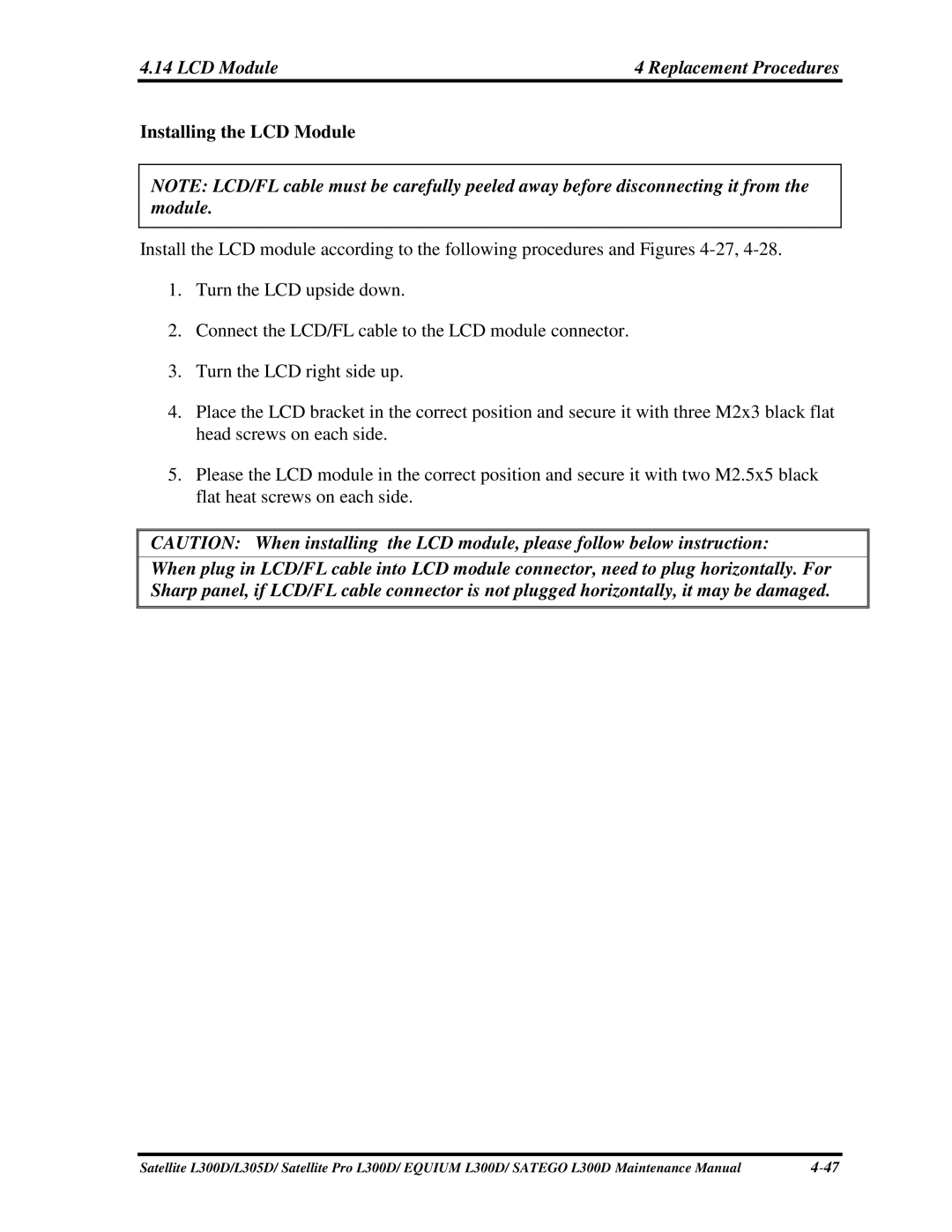 Toshiba EQUIUM L300D, PSLCAX/PSLCBX, SATEGO L300D manual InstallingtheLCDModule 