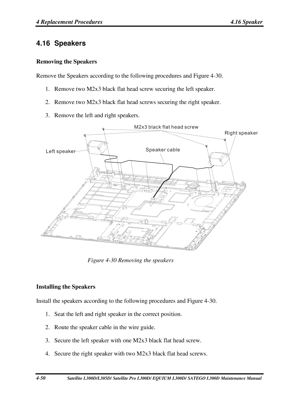 Toshiba EQUIUM L300D, PSLCAX/PSLCBX, SATEGO L300D manual RemovingtheSpeakers, InstallingtheSpeakers 