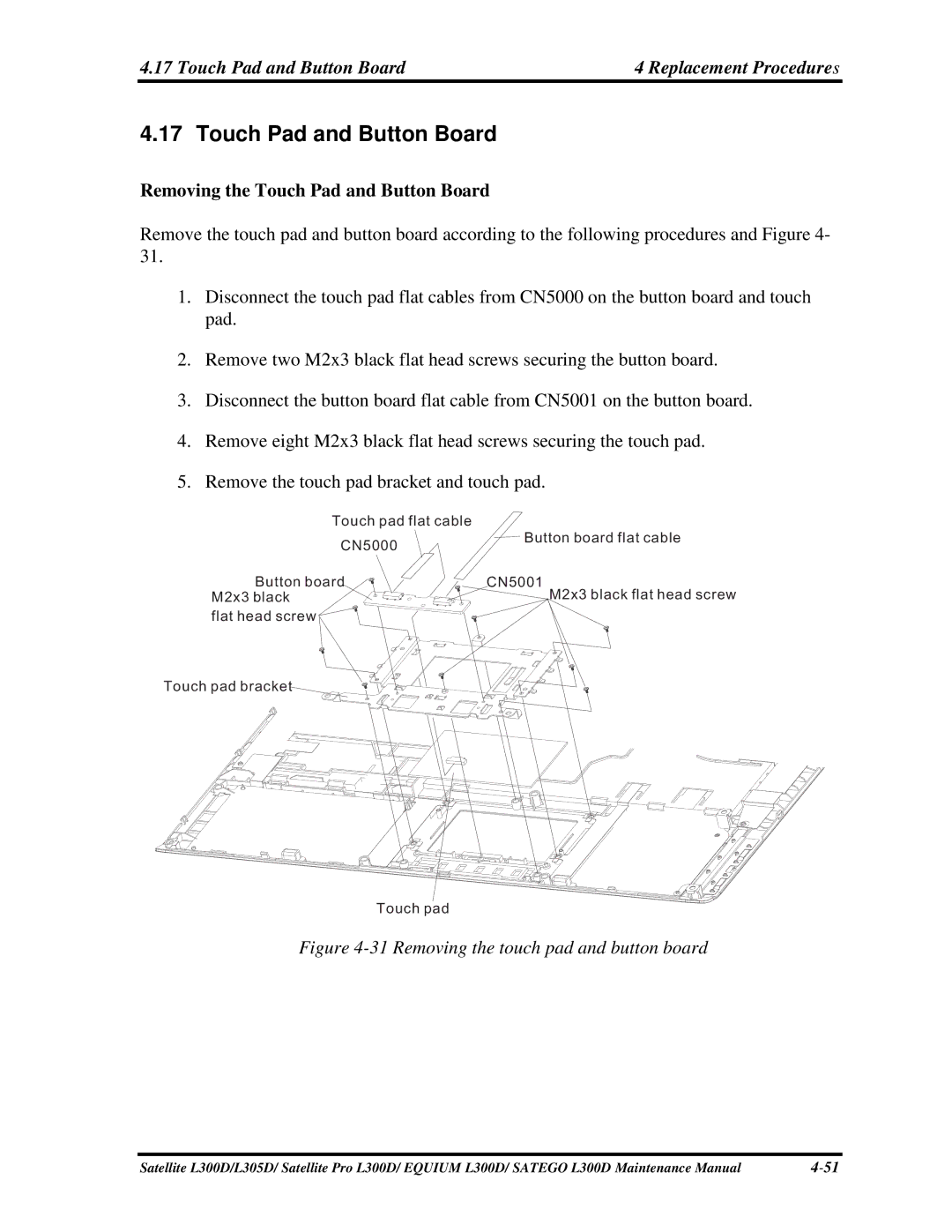 Toshiba PSLCAX/PSLCBX, SATEGO L300D, EQUIUM L300D manual 17TouchPadandButtonBoard, RemovingtheTouchPadandButtonBoard 
