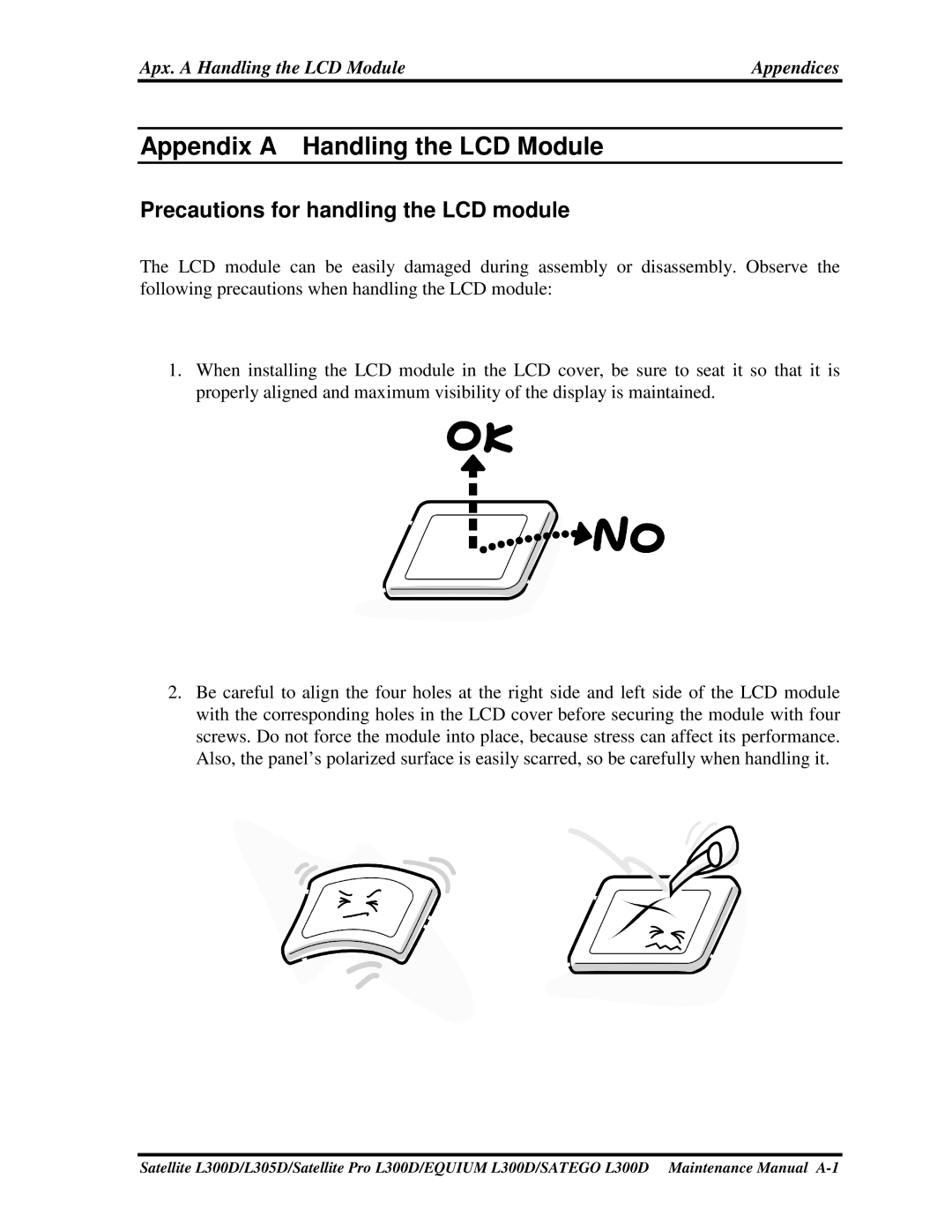 Toshiba SATEGO L300D, PSLCAX/PSLCBX, EQUIUM L300D manual PrecautionsforhandlingtheLCDmodule, Apx.AHandlingtheLCDModule 