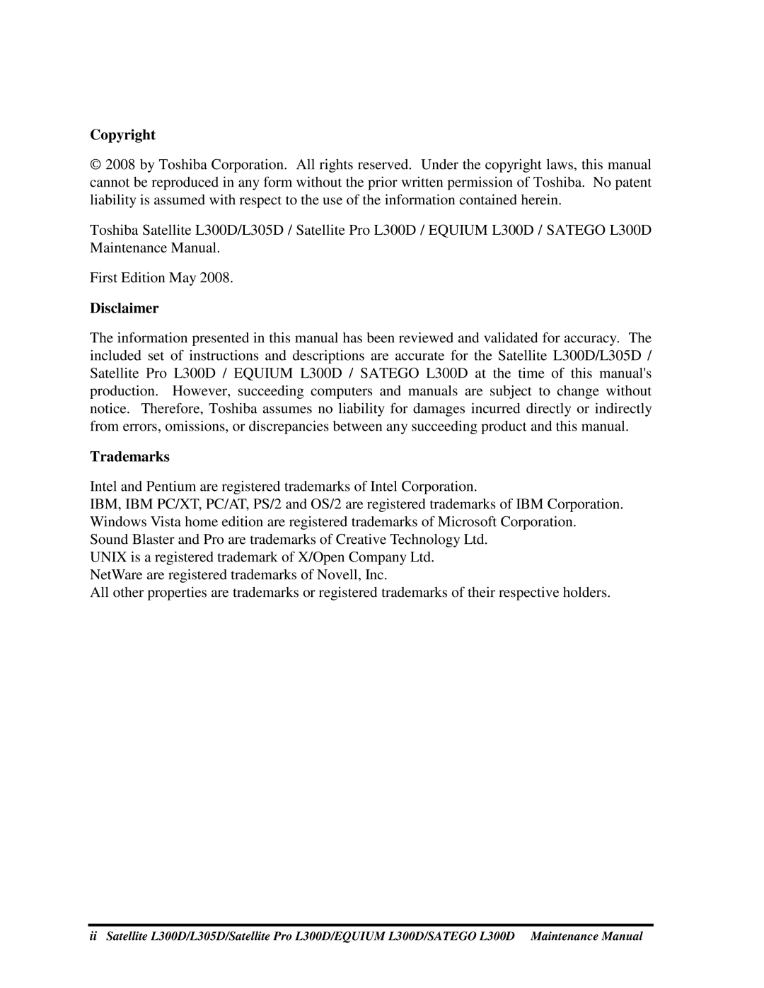 Toshiba EQUIUM L300D, PSLCAX/PSLCBX, SATEGO L300D manual Copyright, FirstEditionMay2008, Disclaimer, Trademarks 