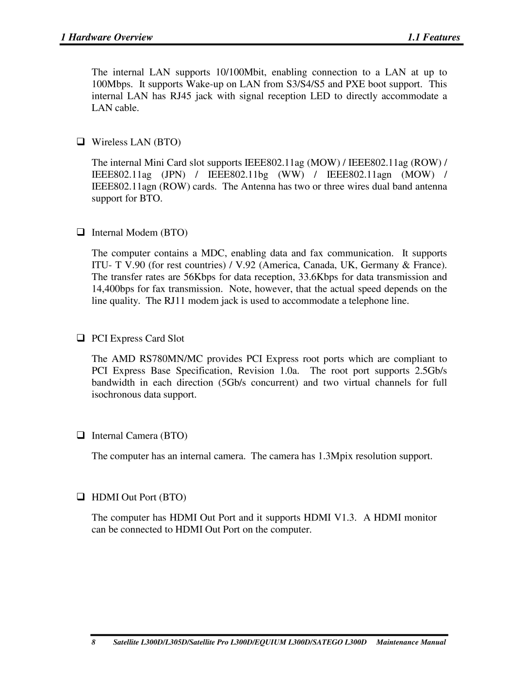 Toshiba EQUIUM L300D, PSLCAX/PSLCBX, SATEGO L300D manual WirelessLANBTO, InternalModemBTO 