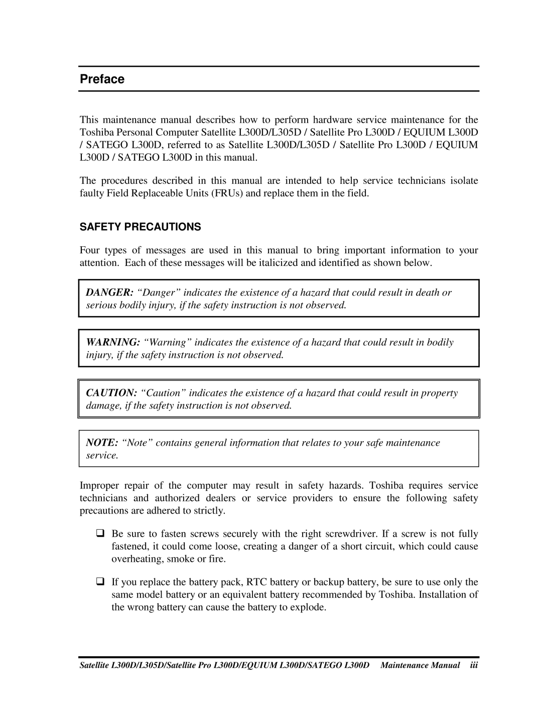 Toshiba PSLCAX/PSLCBX, SATEGO L300D, EQUIUM L300D manual Preface, Safetyprecautions 