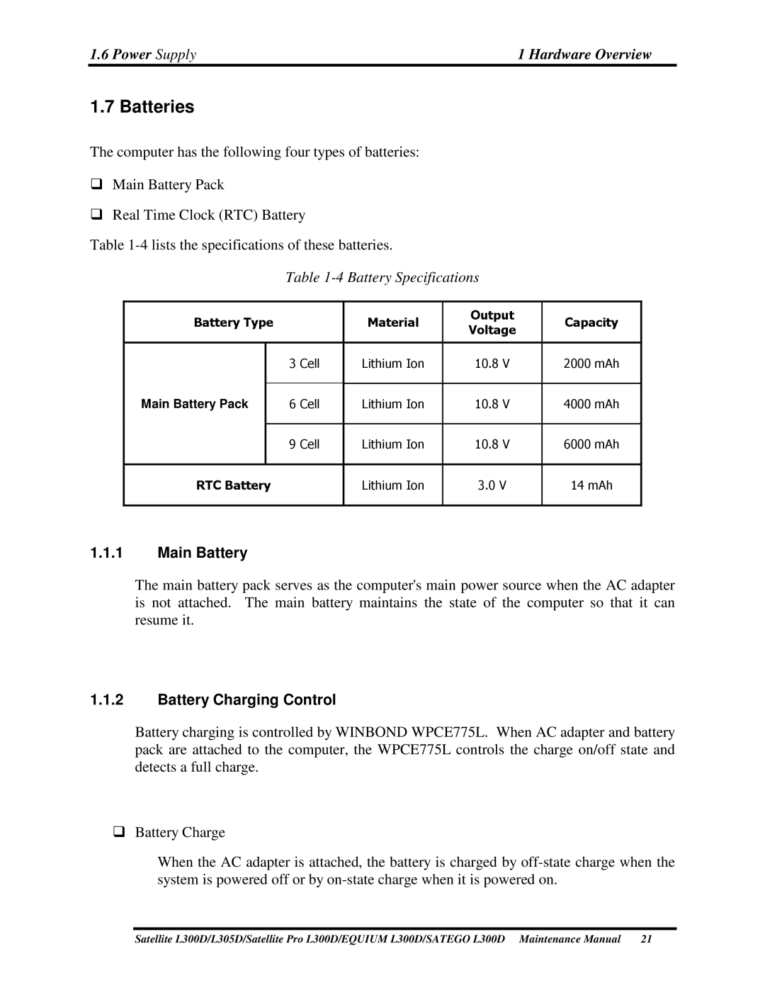 Toshiba PSLCAX/PSLCBX, SATEGO L300D manual 7Batteries, 6PowerSupply, MainBattery, BatteryChargingControl, BatteryCharge 