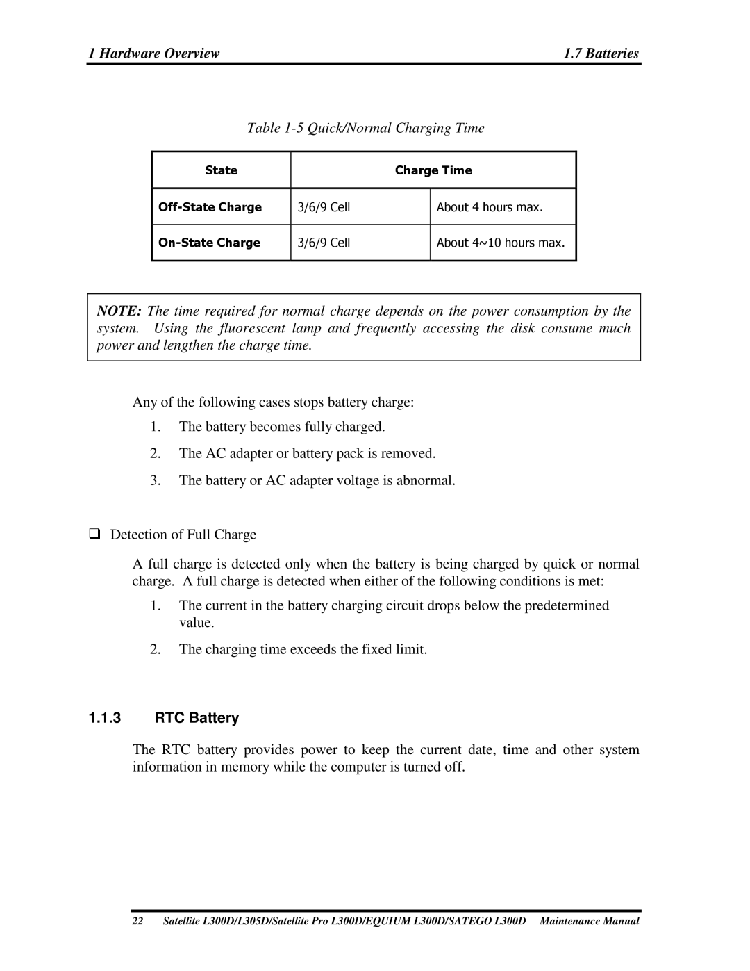 Toshiba SATEGO L300D, PSLCAX/PSLCBX, EQUIUM L300D manual Thechargingtimeexceedsthefixedlimit, RTCBattery 