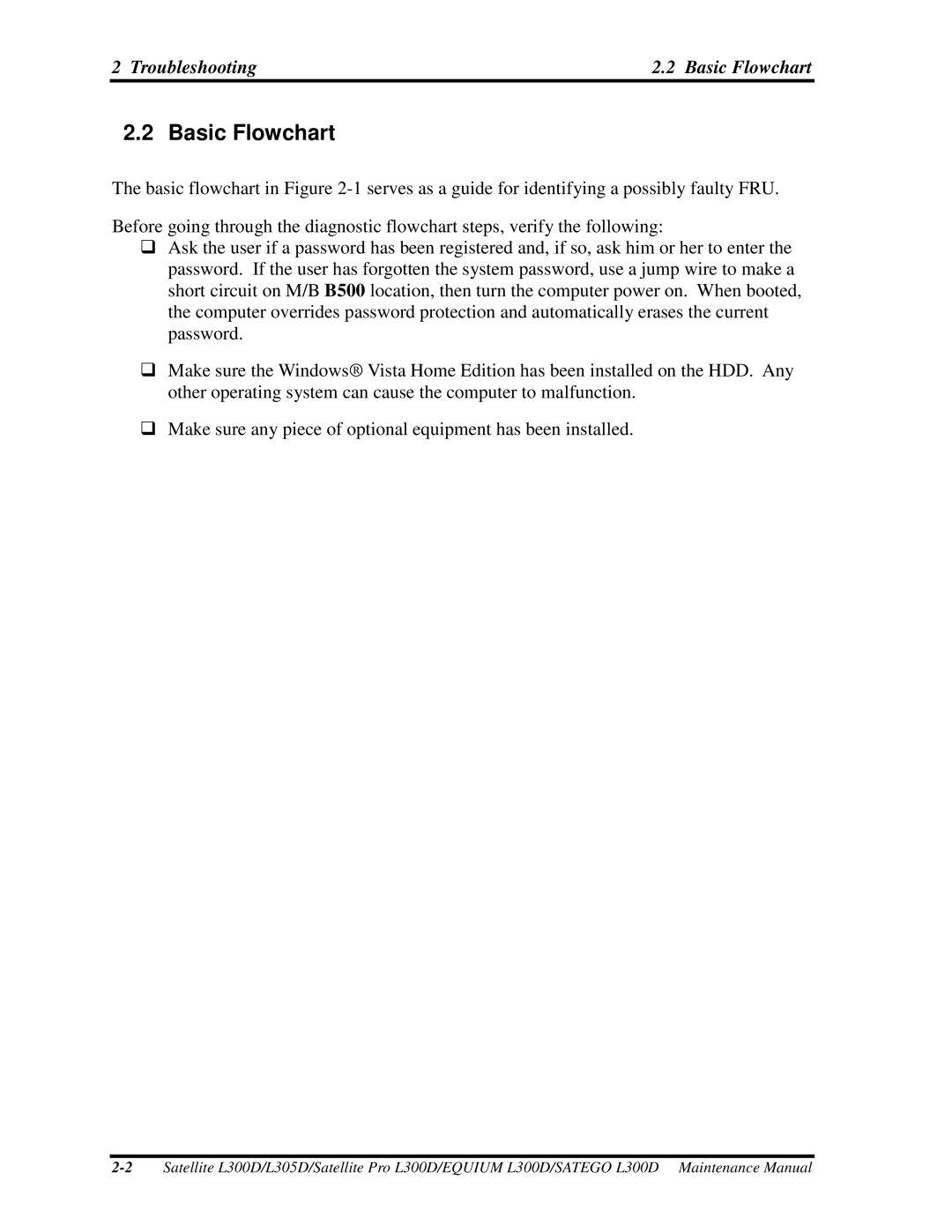 Toshiba SATEGO L300D, PSLCAX/PSLCBX, EQUIUM L300D manual BasicFlowchart, Makesureanypieceofoptionalequipmenthasbeeninstalled 