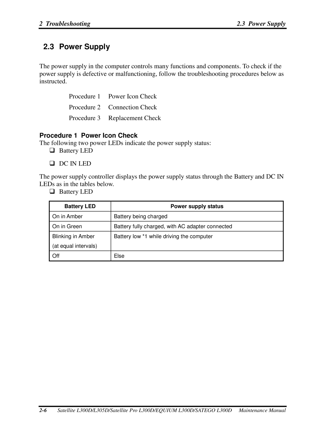 Toshiba EQUIUM L300D, PSLCAX/PSLCBX, SATEGO L300D manual PowerSupply, Procedure1PowerIconCheck 