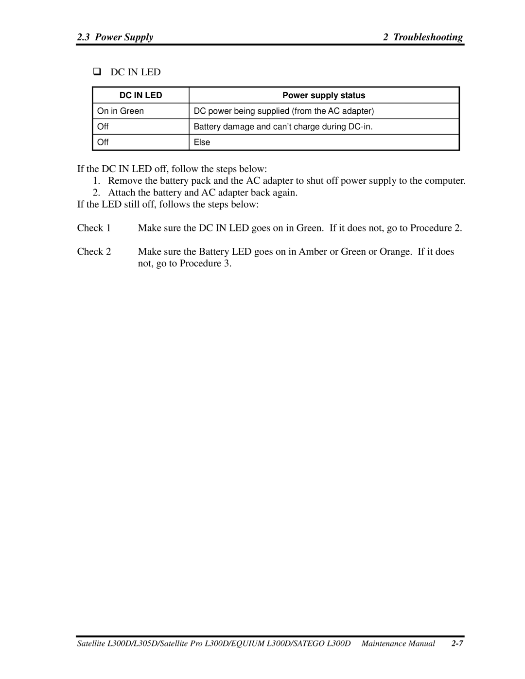 Toshiba PSLCAX/PSLCBX, SATEGO L300D manual 3PowerSupply, Dcinled, IftheDCINLEDoff,followthestepsbelow, Not, go to Procedure 