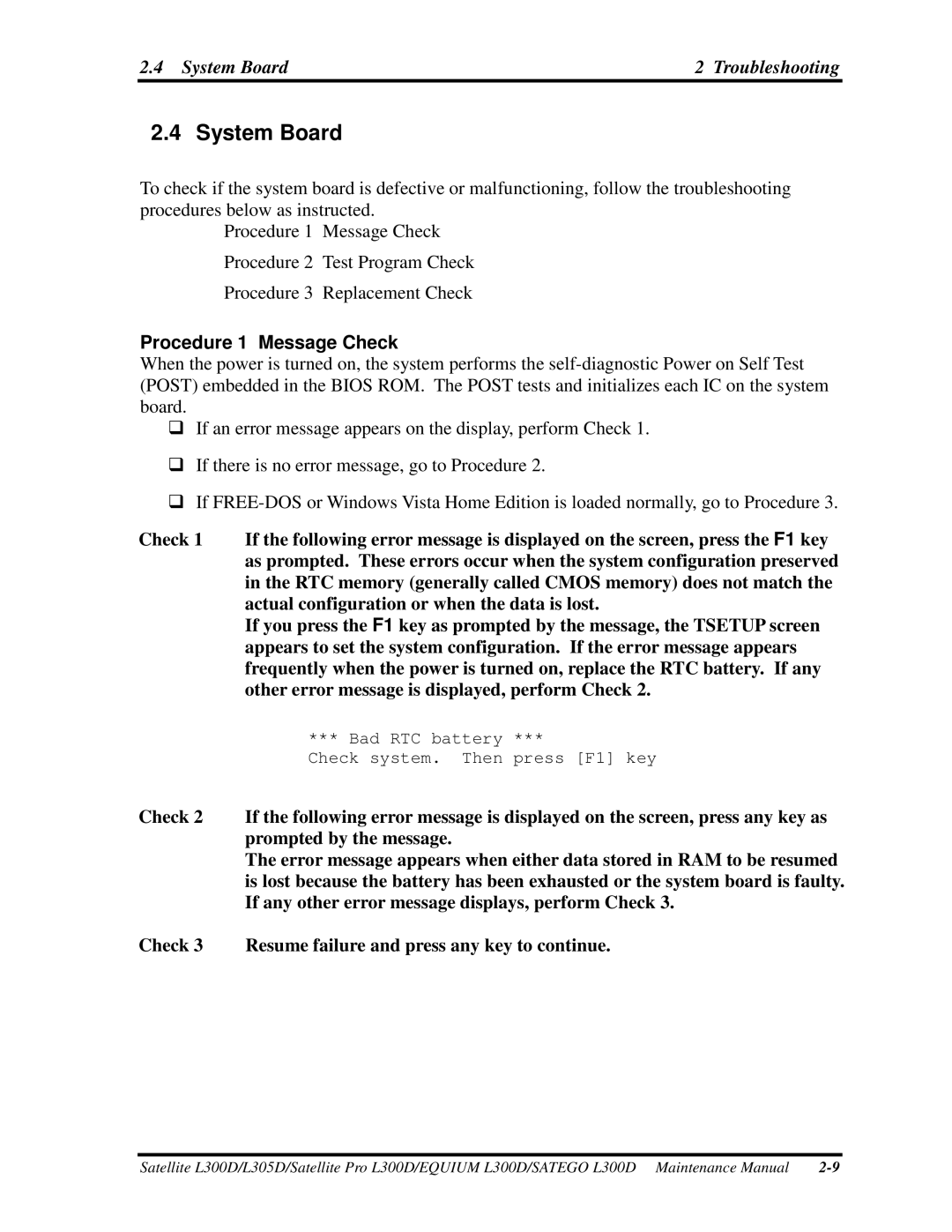 Toshiba EQUIUM L300D, PSLCAX/PSLCBX, SATEGO L300D manual SystemBoard, System Board, Procedure1MessageCheck 