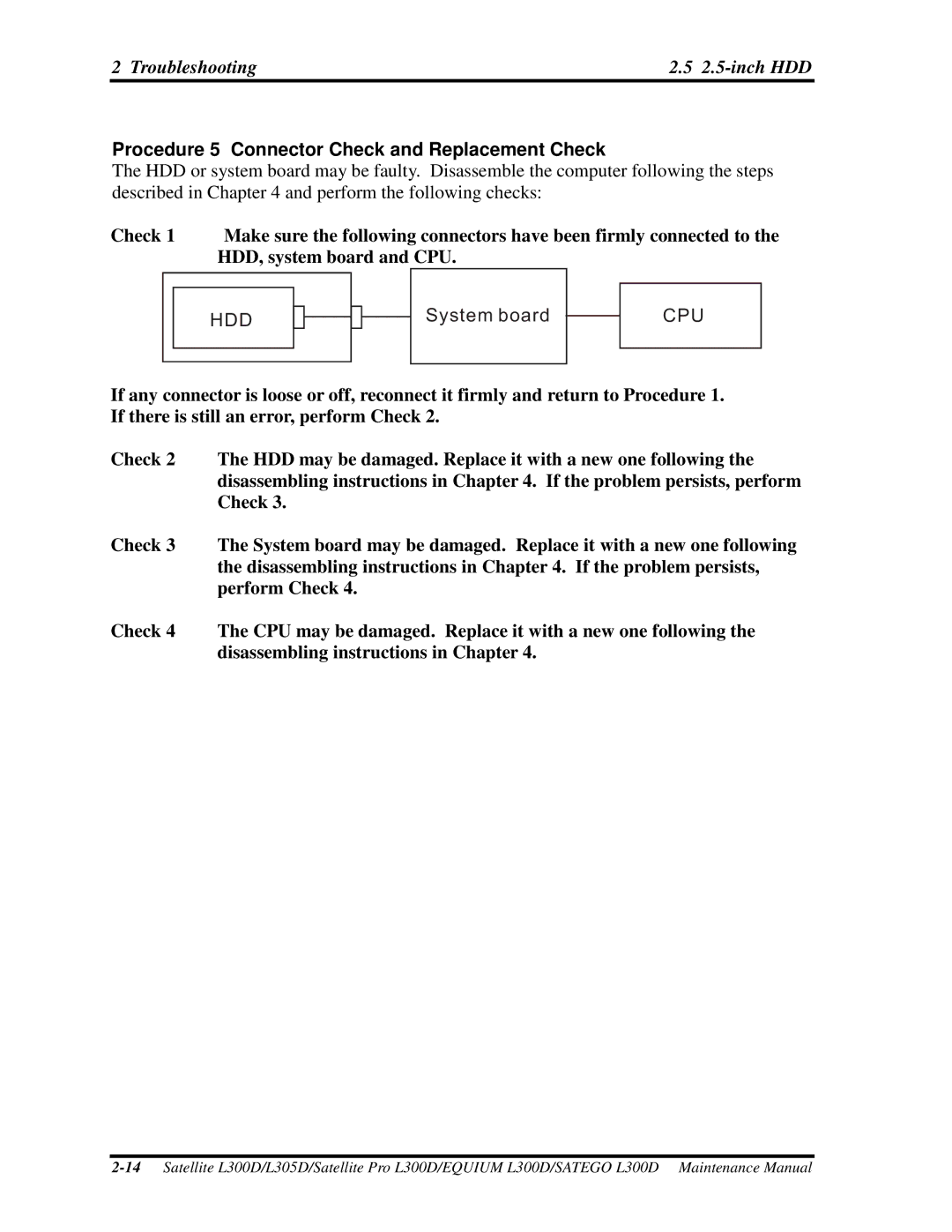 Toshiba SATEGO L300D, PSLCAX/PSLCBX, EQUIUM L300D manual Procedure5ConnectorCheckandReplacementCheck, Cpu 