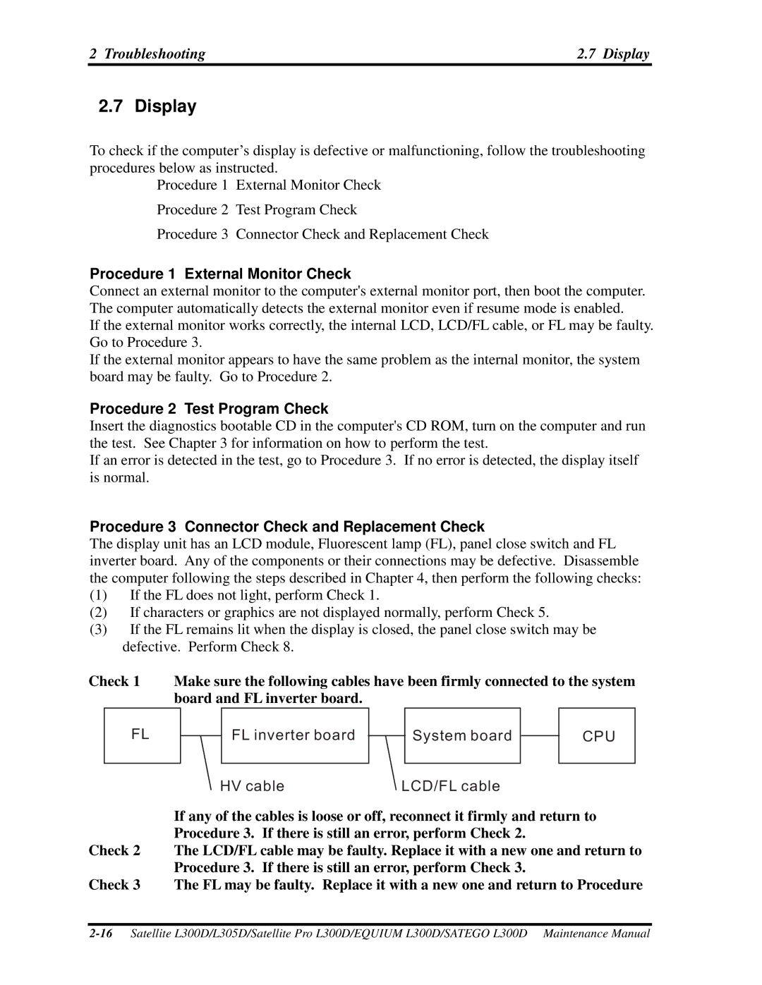 Toshiba PSLCAX/PSLCBX, SATEGO L300D Display, Procedure1ExternalMonitorCheck, Procedure3ConnectorCheckandReplacementCheck 