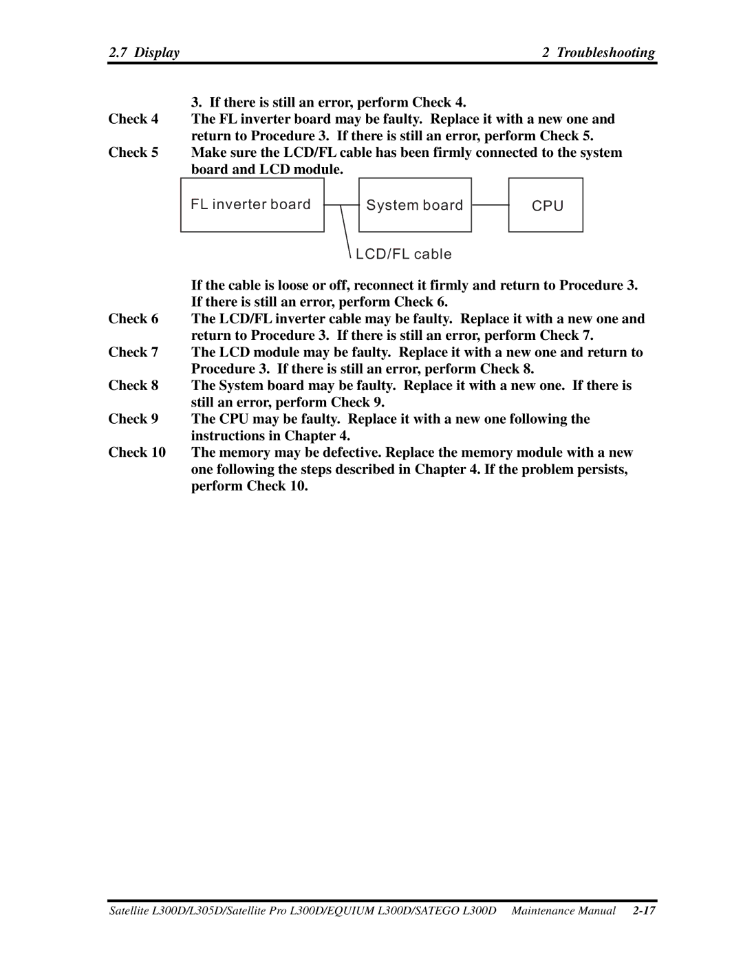 Toshiba SATEGO L300D, PSLCAX/PSLCBX, EQUIUM L300D manual 7Display, Ifthereisstillanerror,performCheck4 