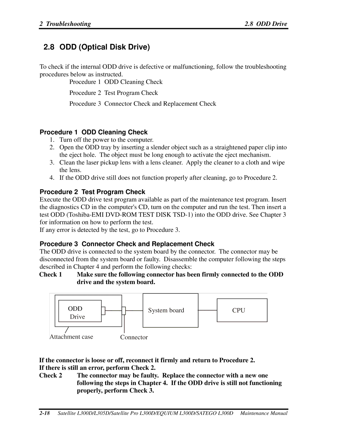 Toshiba EQUIUM L300D, PSLCAX/PSLCBX, SATEGO L300D manual ODDOpticalDiskDrive, Procedure1ODDCleaningCheck 