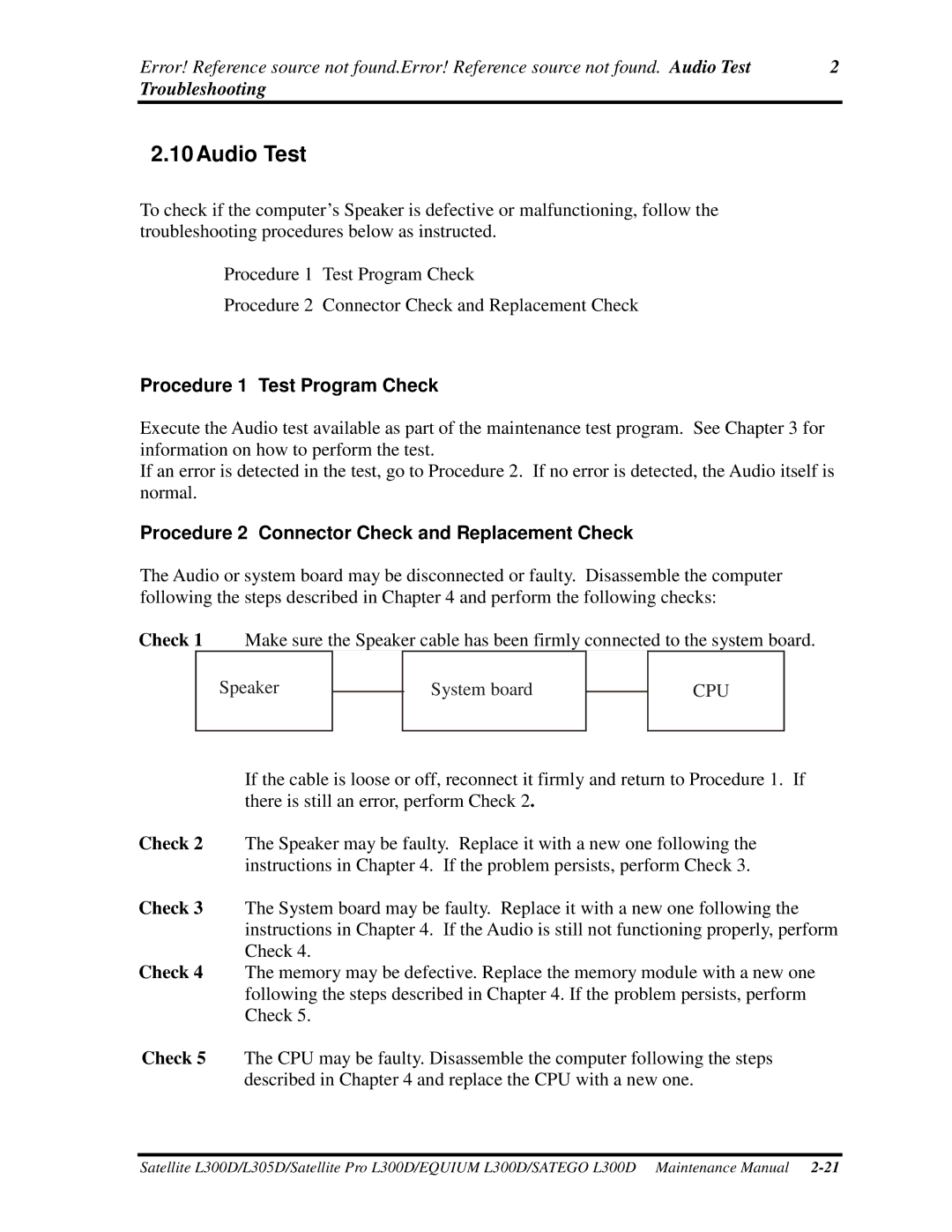 Toshiba EQUIUM L300D, PSLCAX/PSLCBX, SATEGO L300D manual 10AudioTest, Troubleshooting 