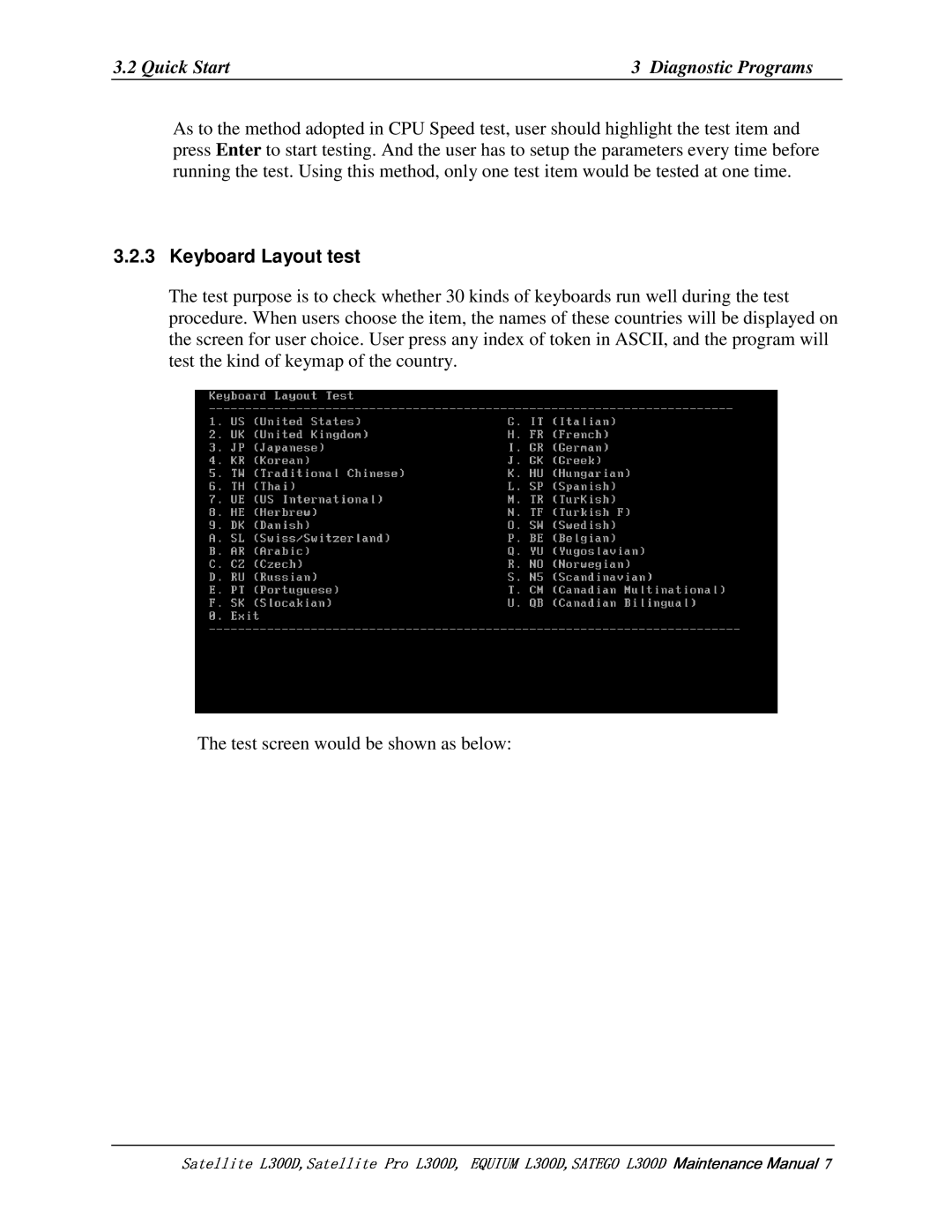 Toshiba PSLCAX/PSLCBX, SATEGO L300D, EQUIUM L300D manual KeyboardLayouttest, Thetestscreenwouldbeshownasbelow 