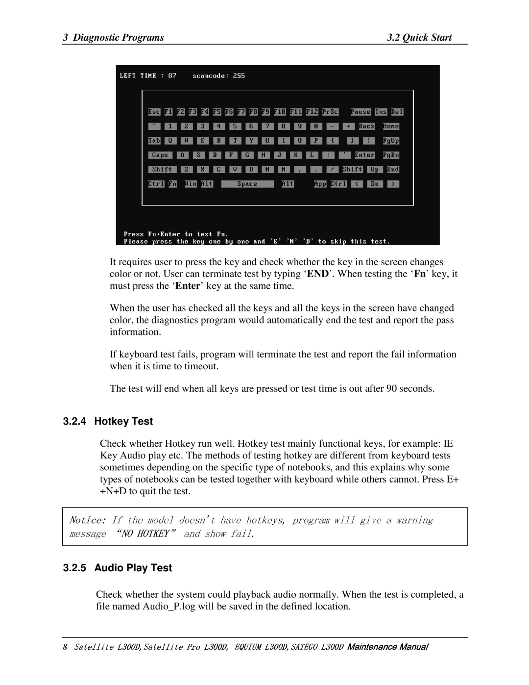 Toshiba SATEGO L300D, PSLCAX/PSLCBX, EQUIUM L300D manual HotkeyTest, AudioPlayTest 