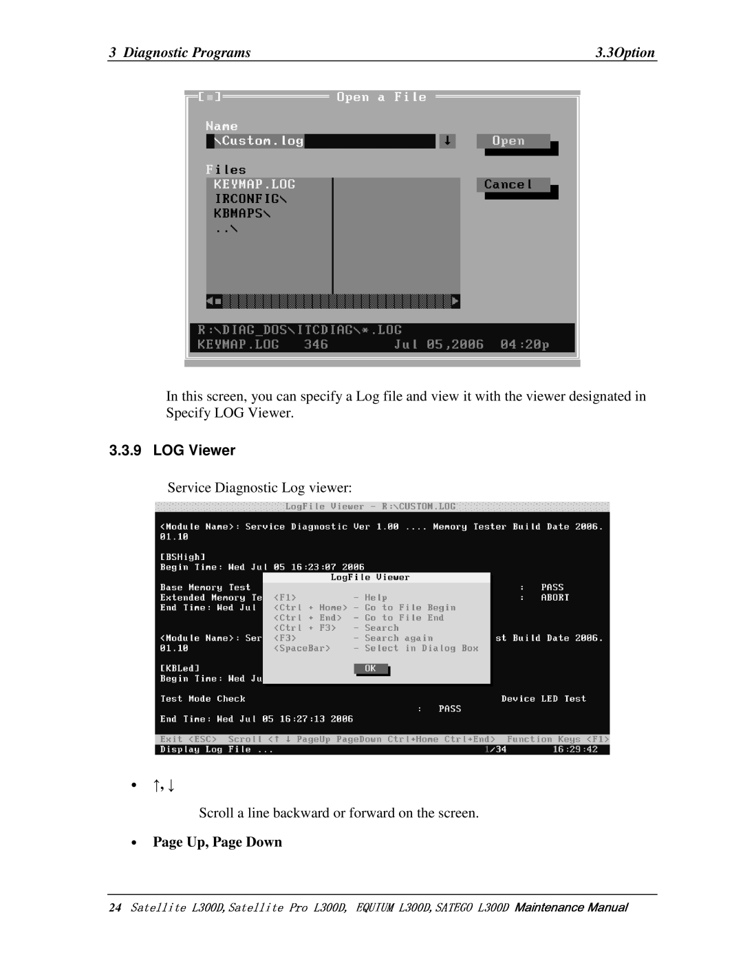 Toshiba EQUIUM L300D manual 24        , LOGViewer, ServiceDiagnosticLogviewer, PageUp,PageDown 