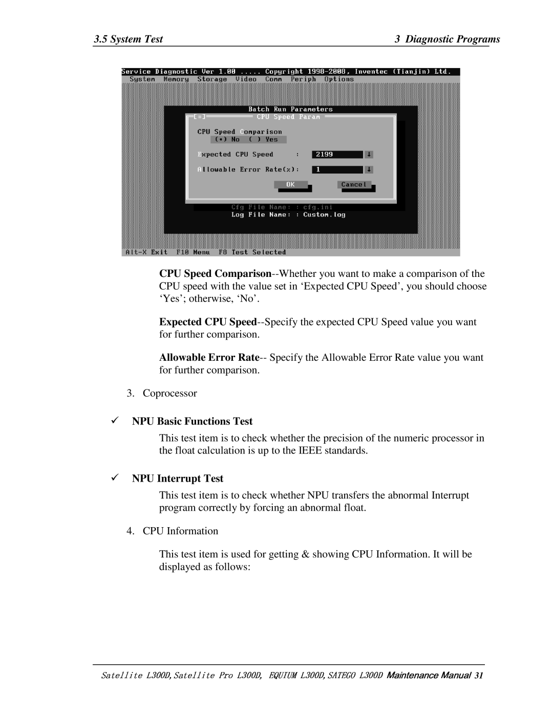 Toshiba PSLCAX/PSLCBX, SATEGO L300D manual 5SystemTest, Coprocessor, NPUBasicFunctionsTest, NPUInterruptTest, CPUInformation 